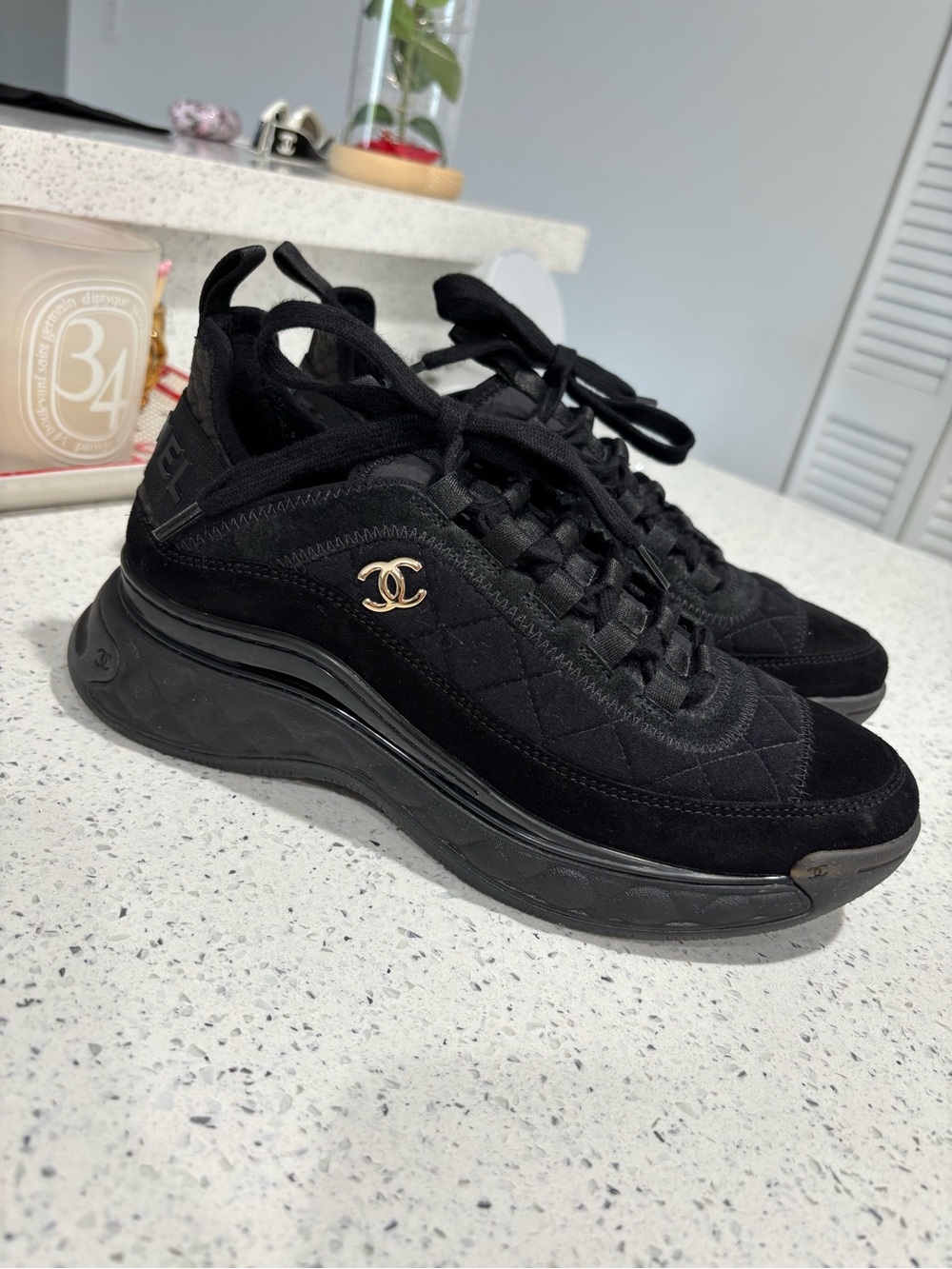 CHANEL Black Sport Trail Sneakers with Gold CC Logo Size 37